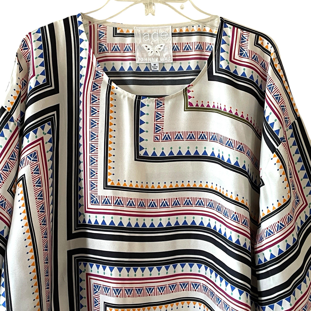 JADE by JOHNNY WAS Arden Size Medium Oversized Geo Print Pullover Silk Blend Top - Picture 3 of 9